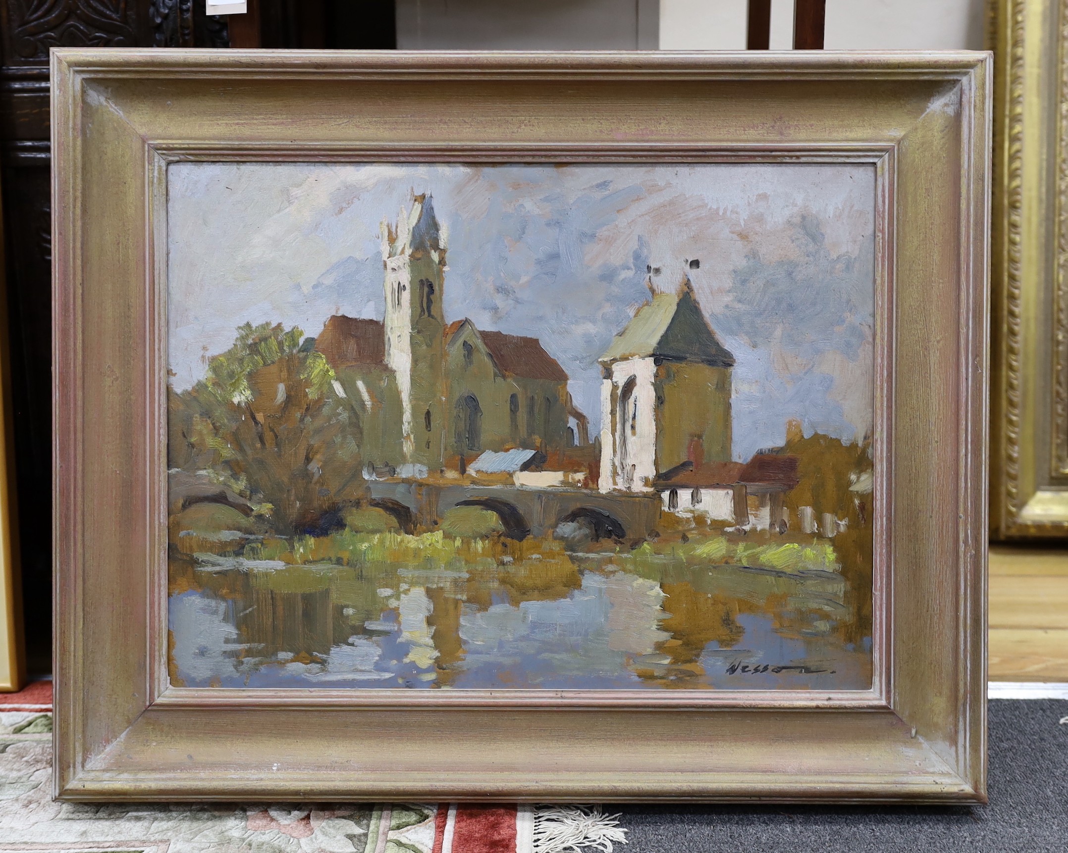 Edward Wesson (1910-1983), oil on panel, French riverside church, signed, 45 x 60cm